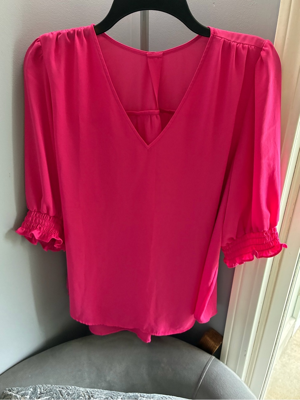 Women's Fuchsia V-Neck Blouse with Smocked Ruffle Sleeves